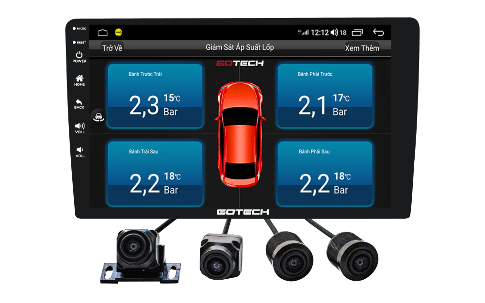 Màn hình tích hợp camera 360 độ Gotech GC360 kết nối cảm biến áp suất lốp